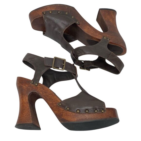 1990s Y2K Wood Soled Bongo Platform Brown Sandals Women’s Size 8 (HF16) - Picture 6 of 11